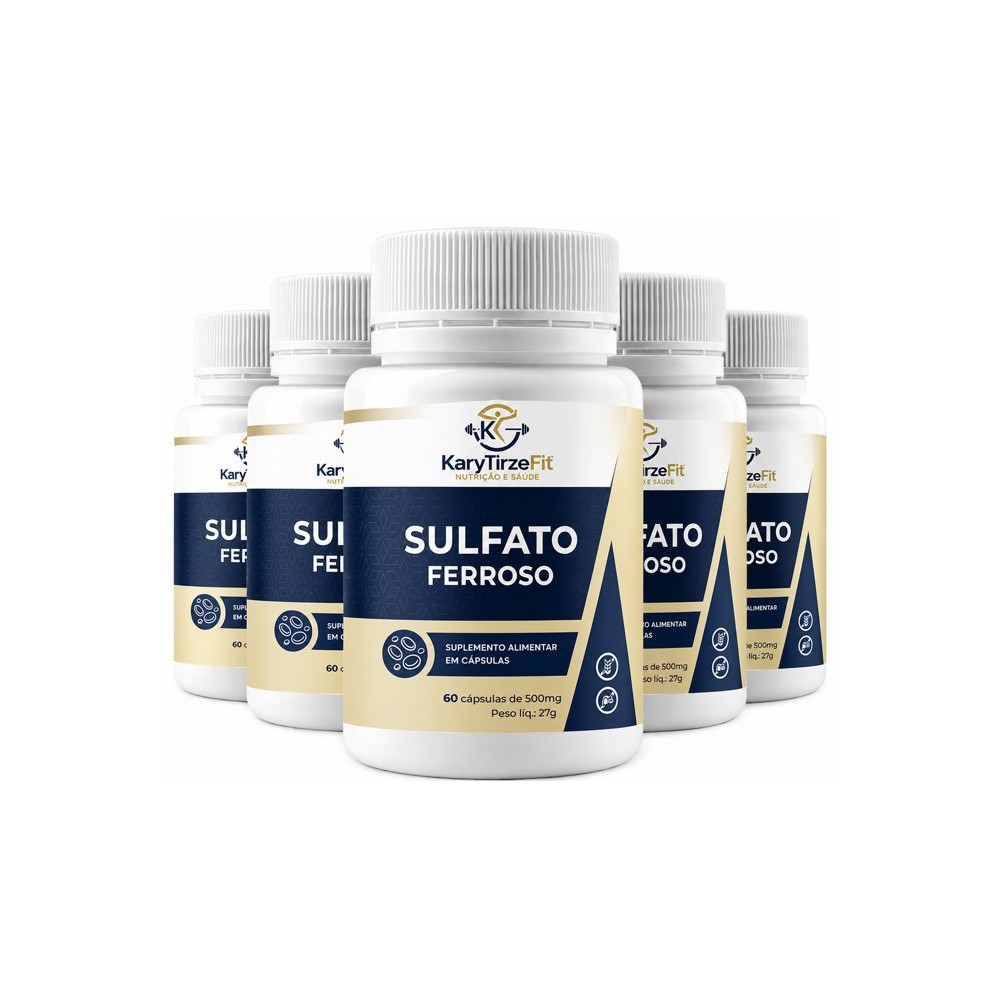 Combo 5x Sulfato Feroso 500mg  60 Caps Anemia e Deficiencia de Ferro Vitt