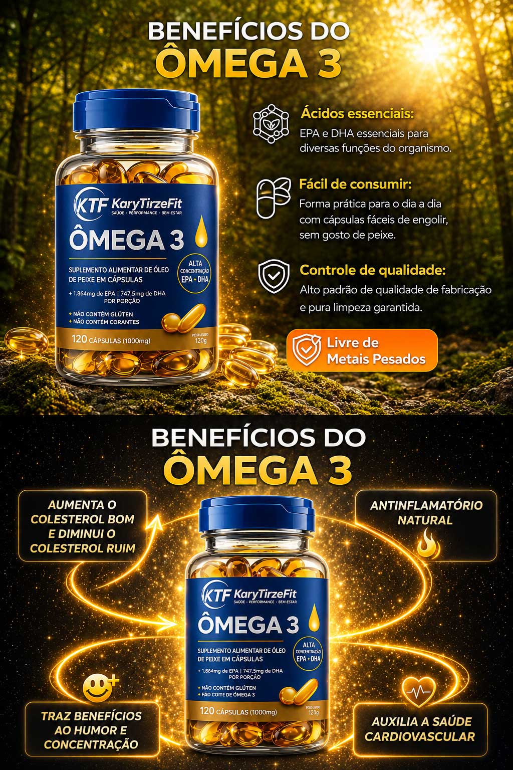 Omega 3 Tripla Fonte DHA 720mg EPA 1200mg Reduzir Triglicerídeos Capsulas
