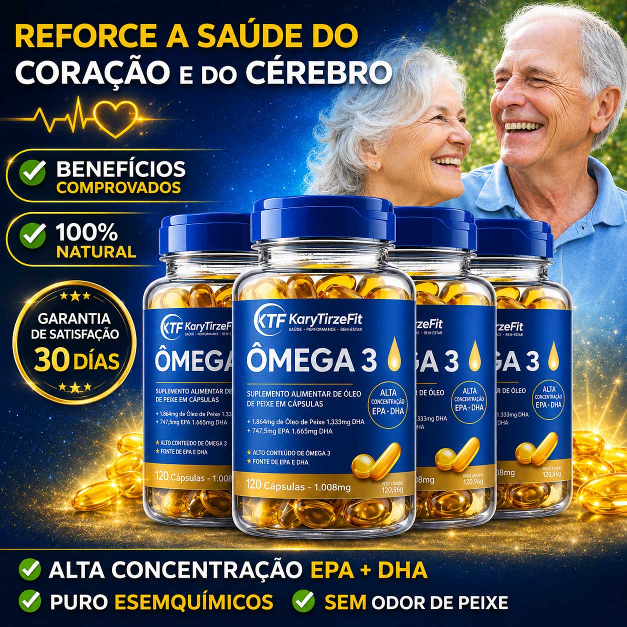 Omega 3 Tripla Fonte DHA 720mg EPA 1200mg Reduzir Triglicerídeos Capsulas
