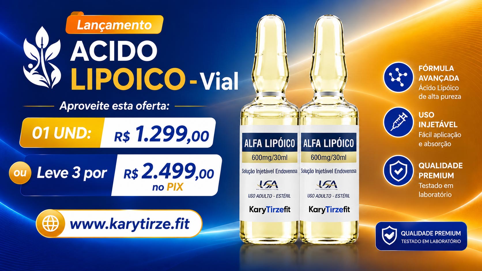Acido Alfa-Lipoico Intravenoso 600mg Antioxidante Fadiga e Recuperação Muscular