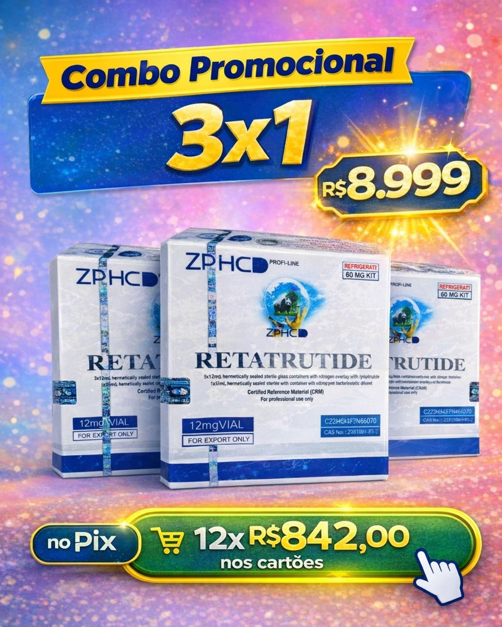 Combo 3x ZPHC Retratutide 60mg Solucao Injetavel 5 Ampolas 8mg (Importada Retratutida)