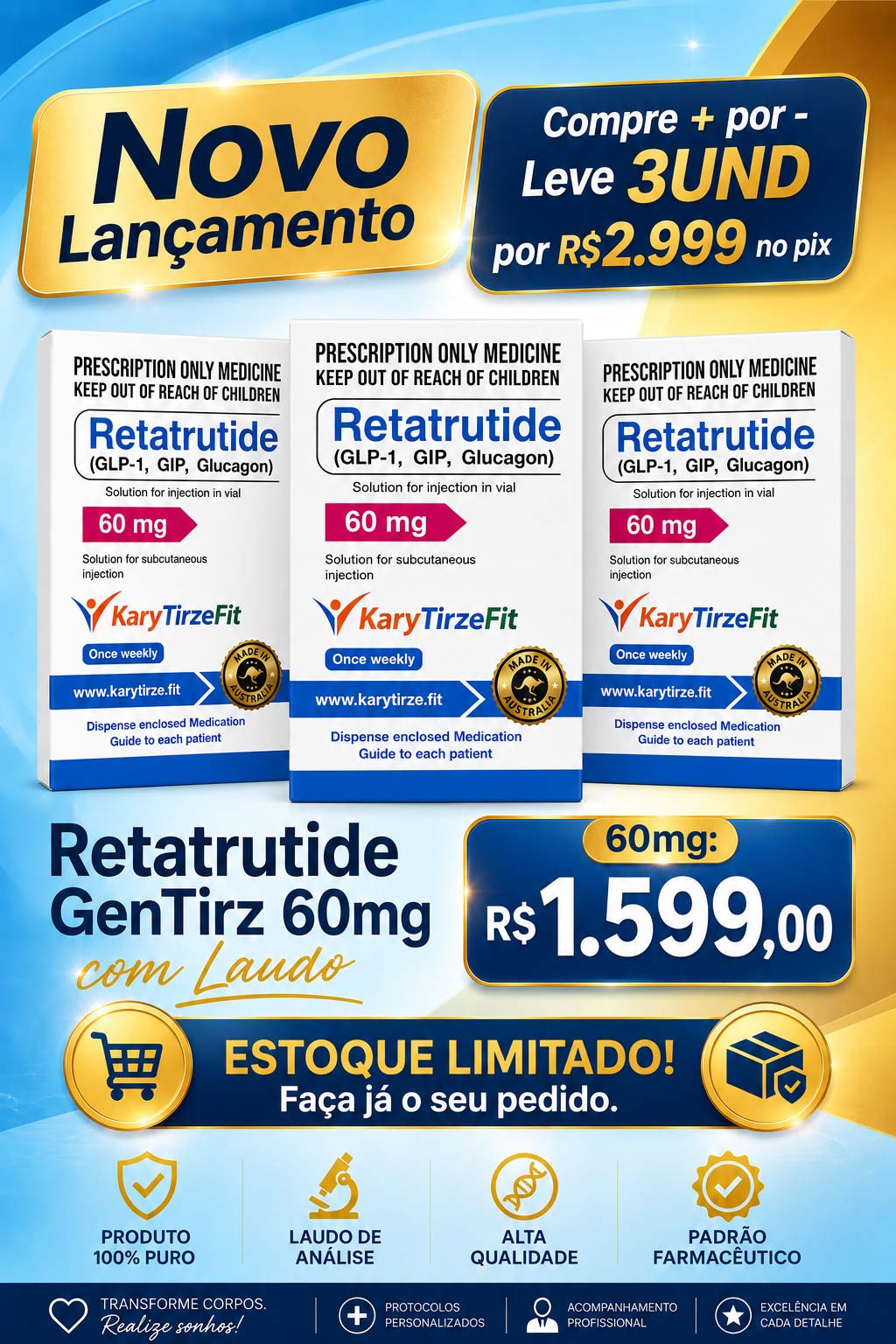 Retatrutide Solucao Injetavel (Importada Retatrutida) GLP 3 Licence 60mg GenTirz