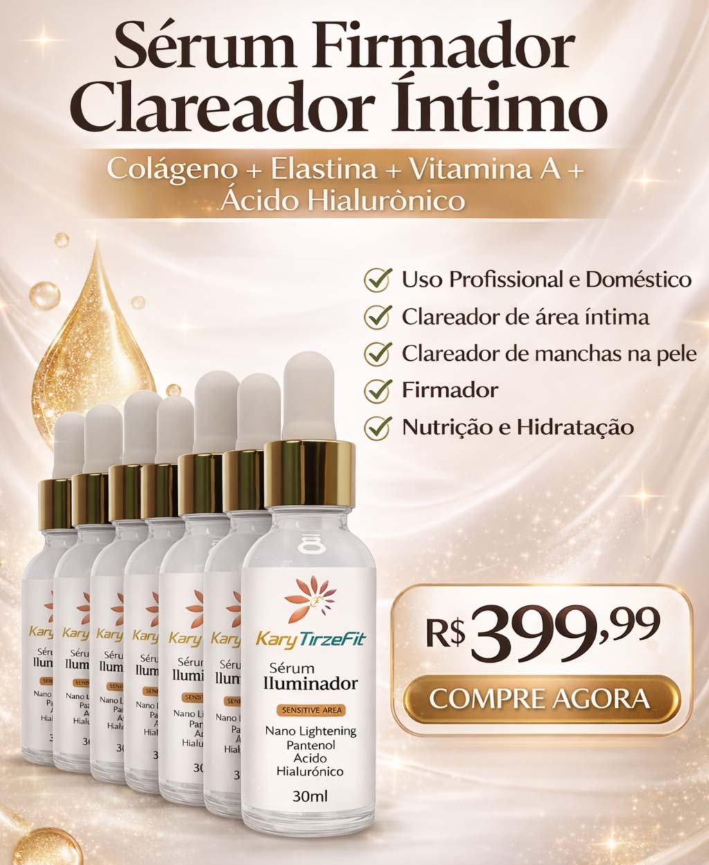 Serum Firmador Clareador Intimo Colageno+Elastina+Vitamina A+Acido Hialuronico 5x30ml
