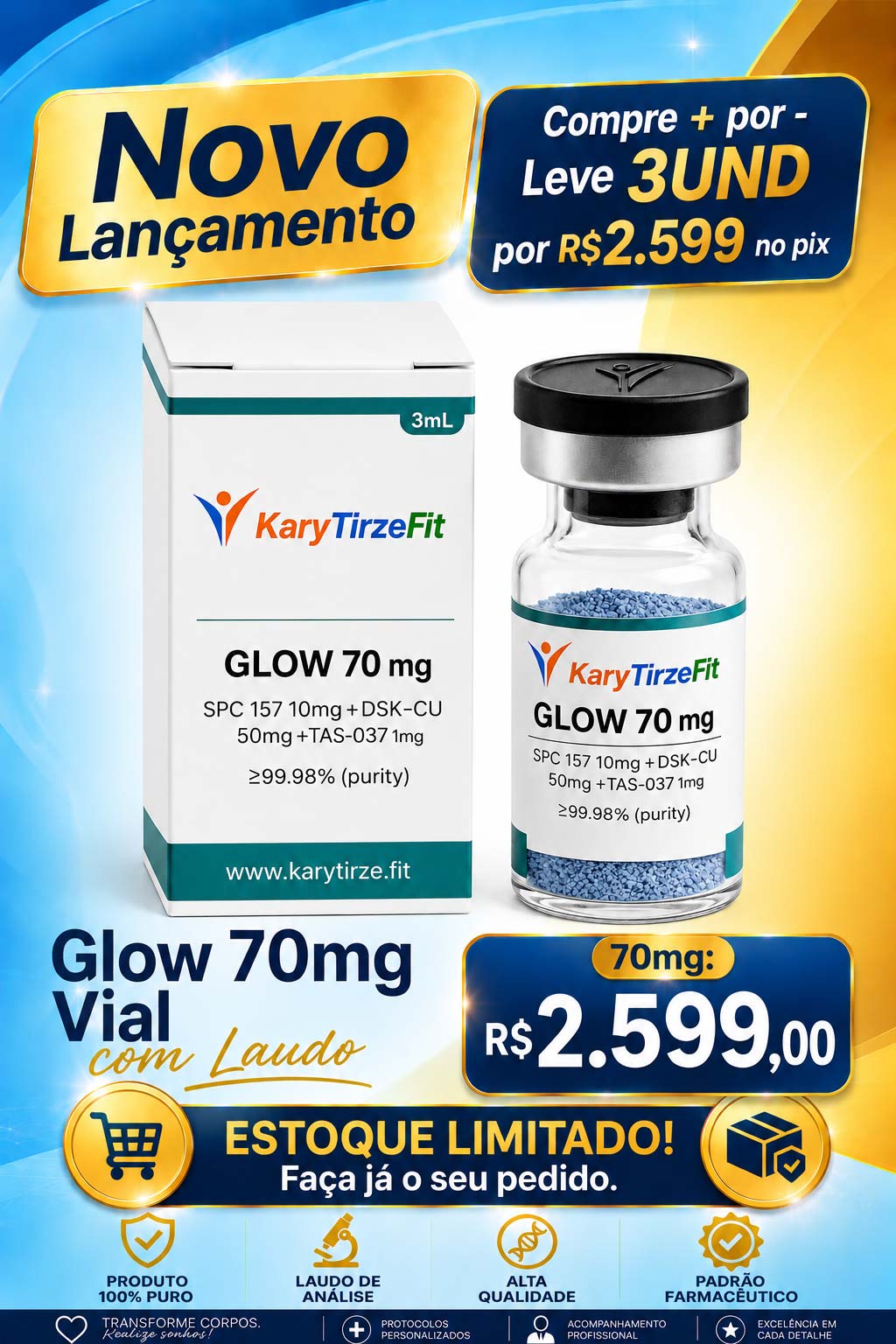 GLOW 70mg Blend Estimulador de Colageno Clareador da Pele e Queda Capilar Genesis