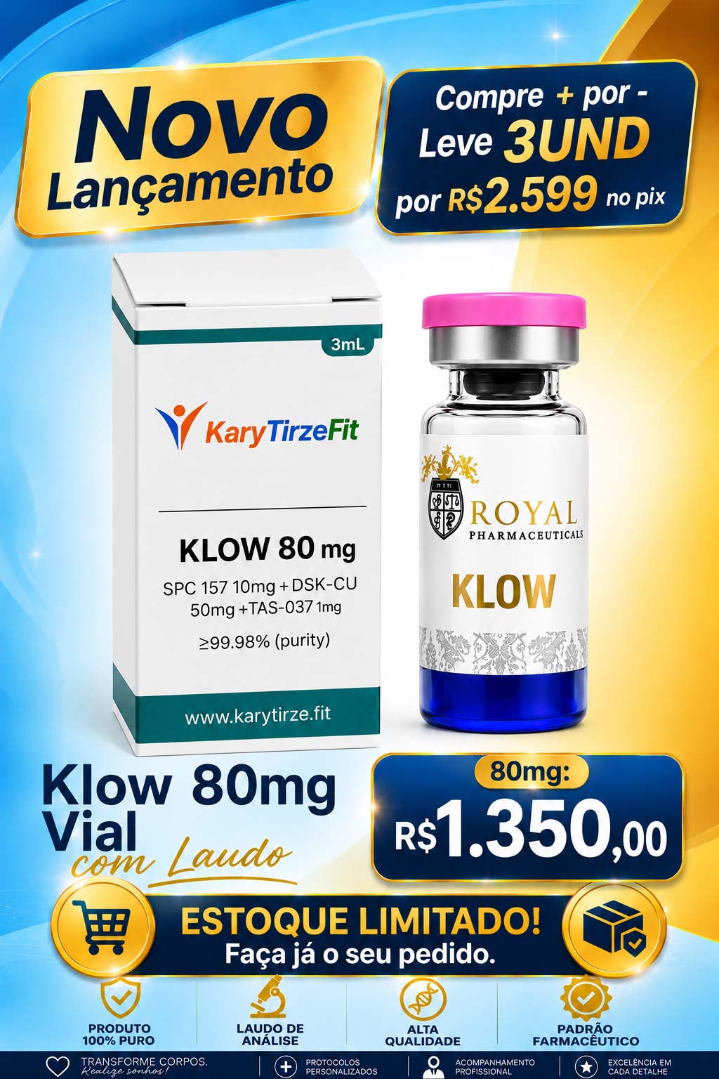 Peptideo KLOW 80mg Blend Metabolismo e Energia Rejuvenescimento e Reparação Royal
