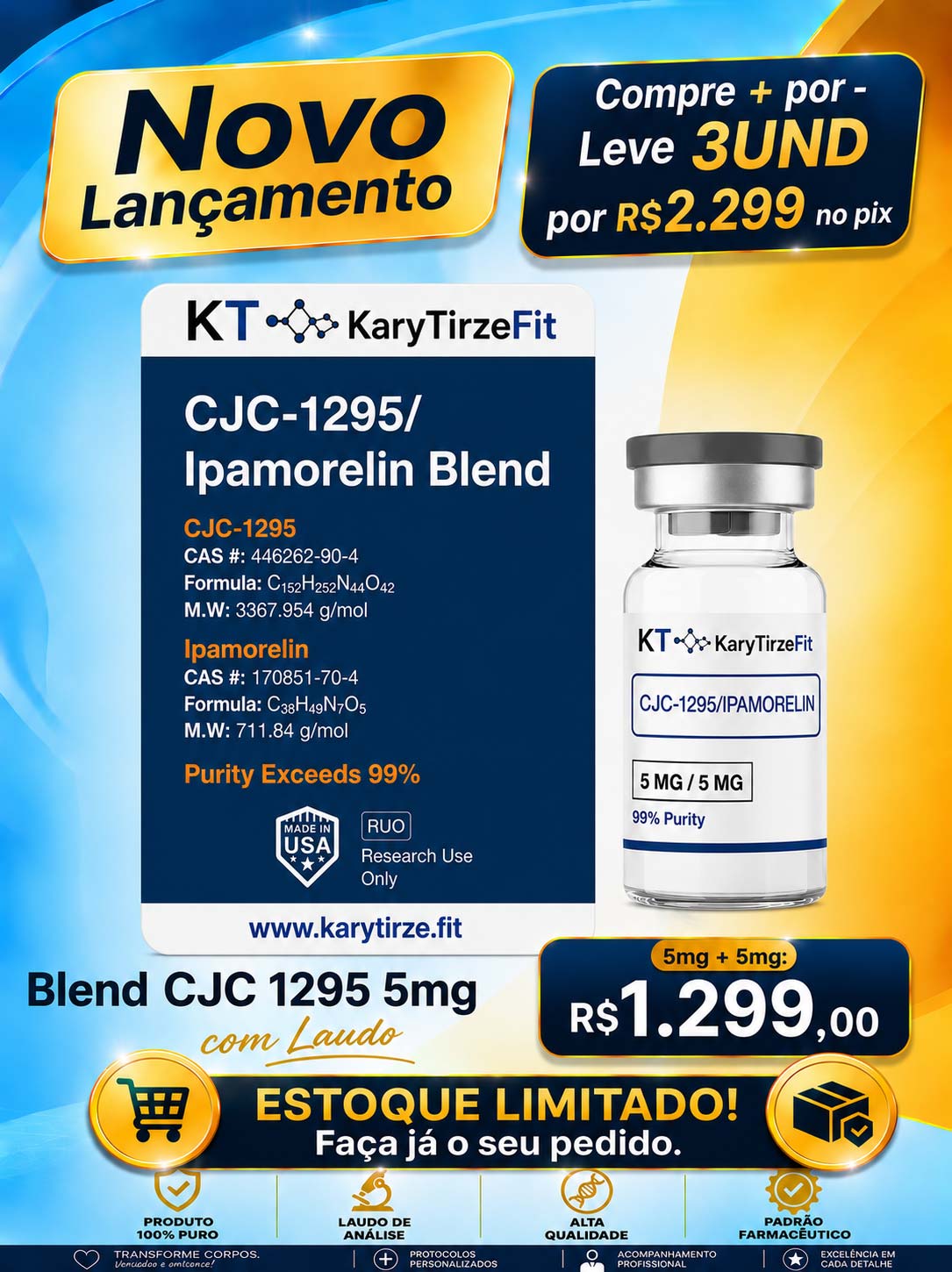 Peptideo CJC-1295 + Ipamorelin Massa Muscular Recuperação Redução de Gordura Biotech 5mg