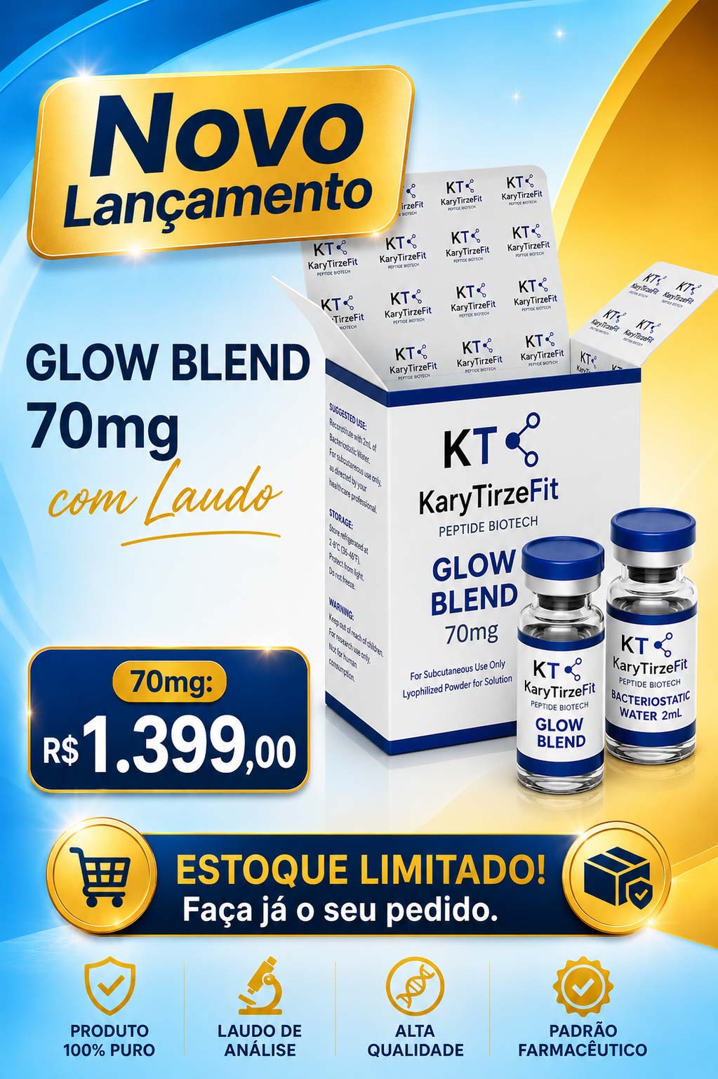 GLOW 70mg Blend Estimulador de Colageno Clareador da Pele e Queda Capilar Biotech