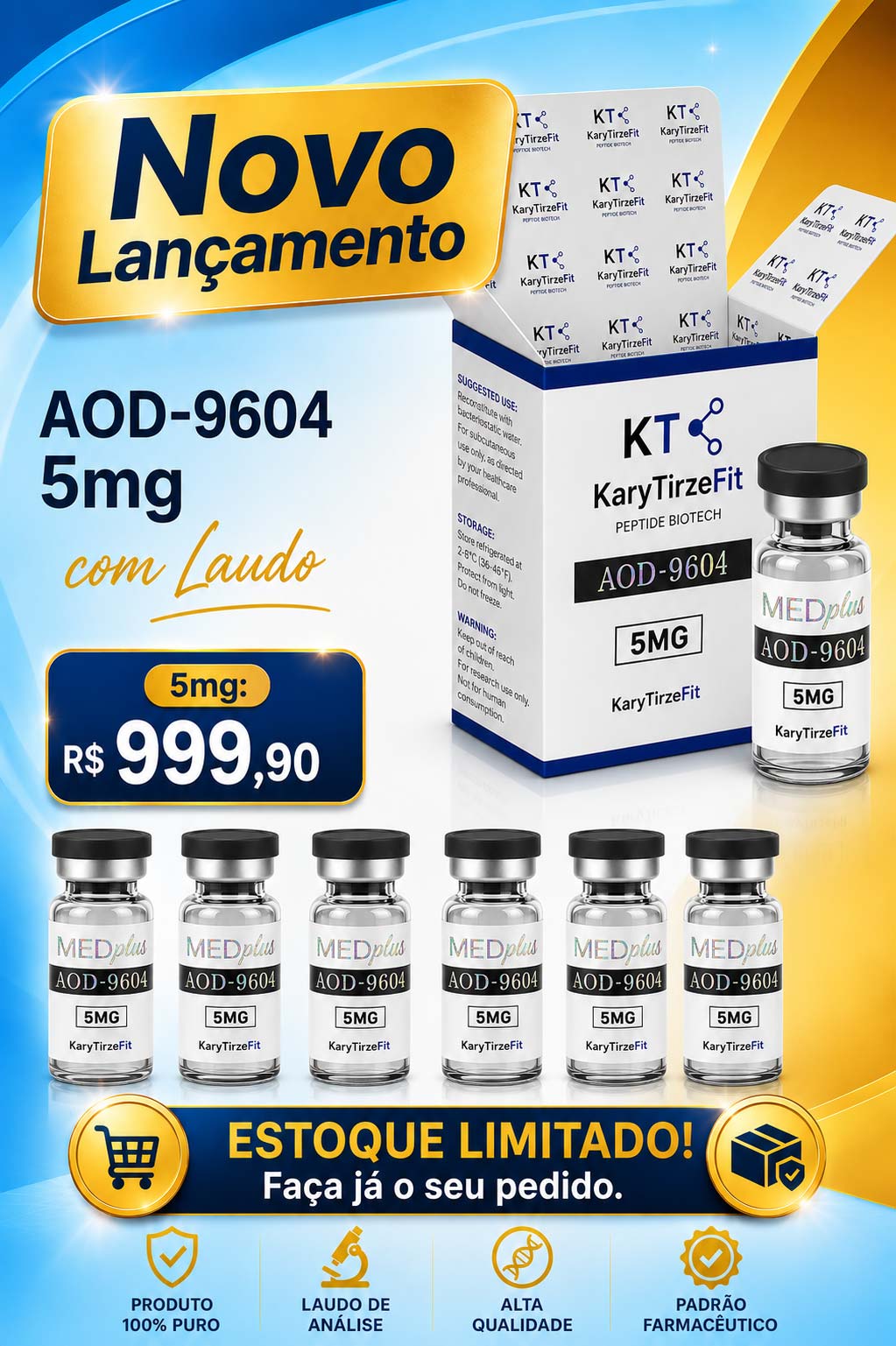 Peptideo AOD-9604 5MG + Agua Bacteriostatica para Queima de Gordura Emagrecimento MedPlus