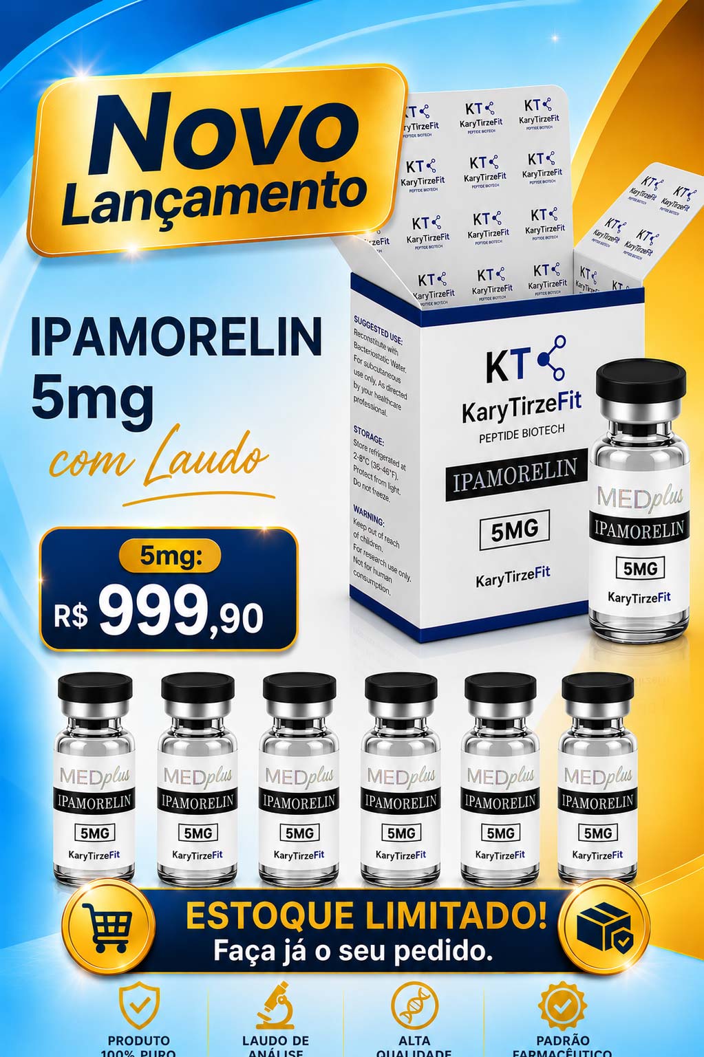 Peptideo Ipamorelin (Egrifta) Massa Muscular Recuperação Redução de Gordura MedPlus 5mg