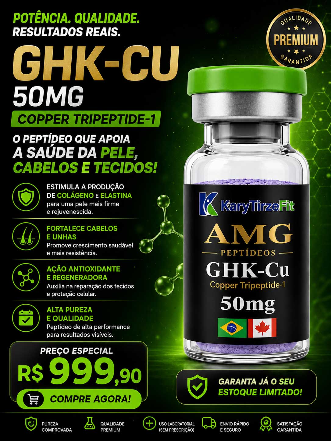 GHK-CU 50mg Peptídeo Tratamento da Pele Elasticidade Colageno Rejuvenescimento AMG