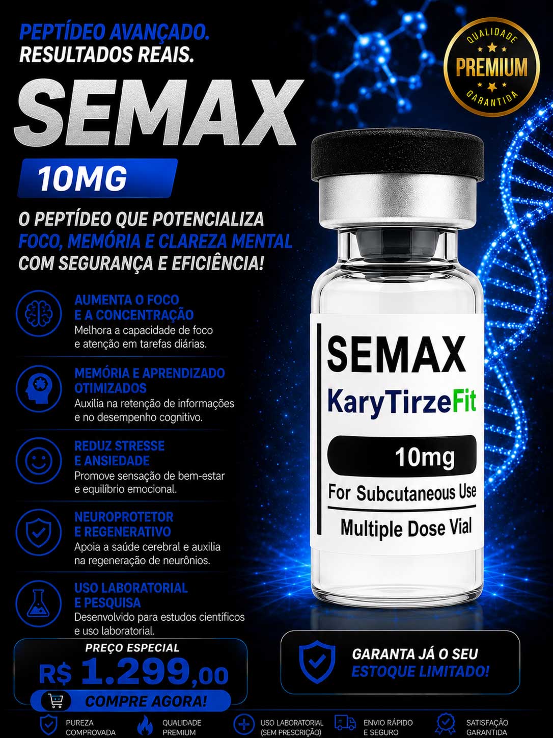 Peptideo SEMAX 10mg Memoria Foco Concentração e Neuroproteção Maxum
