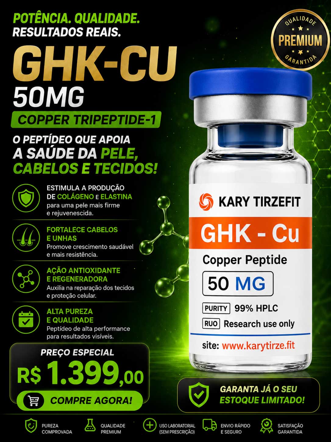 GHK-CU 50mg Peptídeo para Tratamento da Pele Elasticidade Colageno Rejuvenescimento PepScien