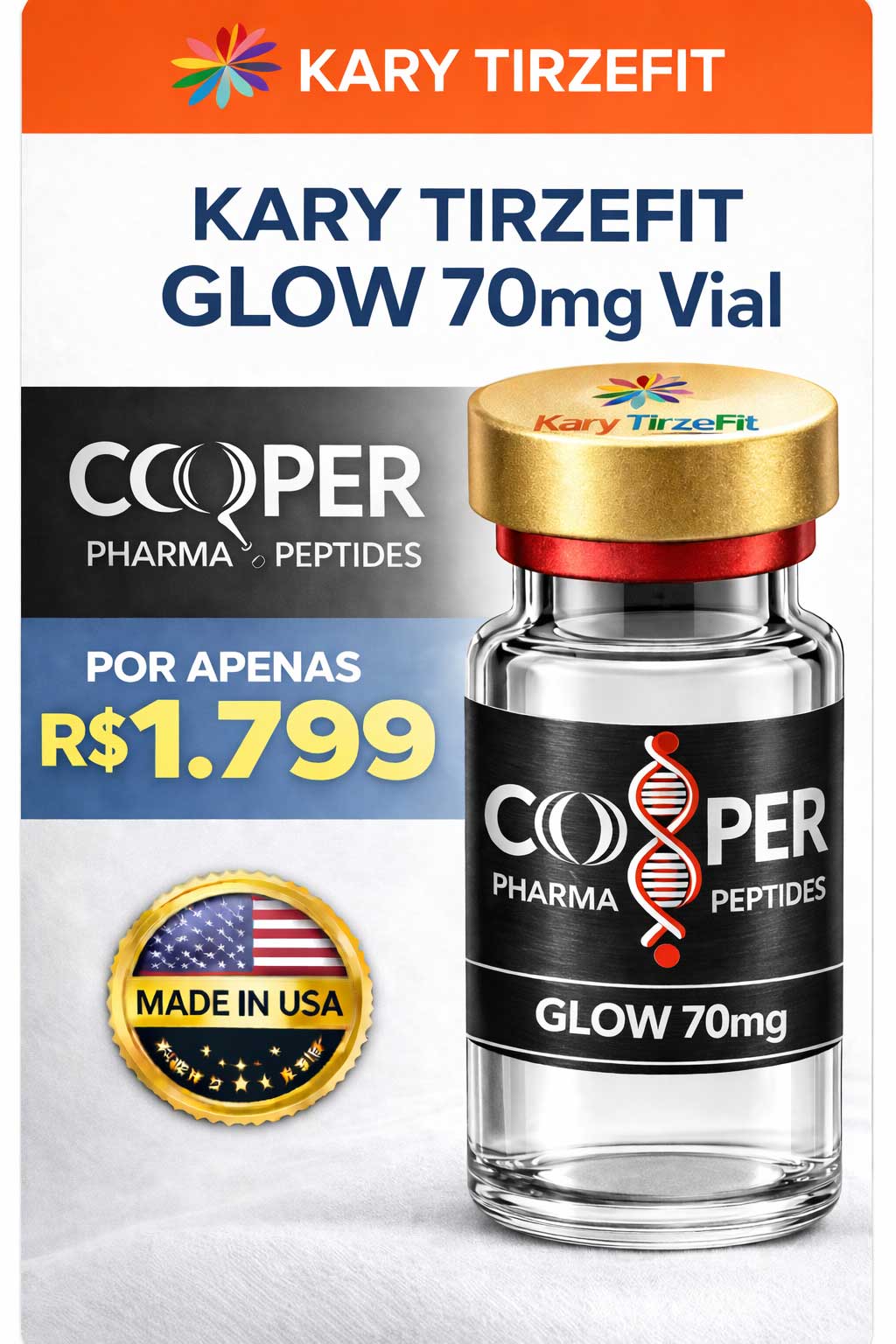 Peptideo GLOW 70mg Estimulador de Colageno Clareador da Pele e Queda Capilar Cooper