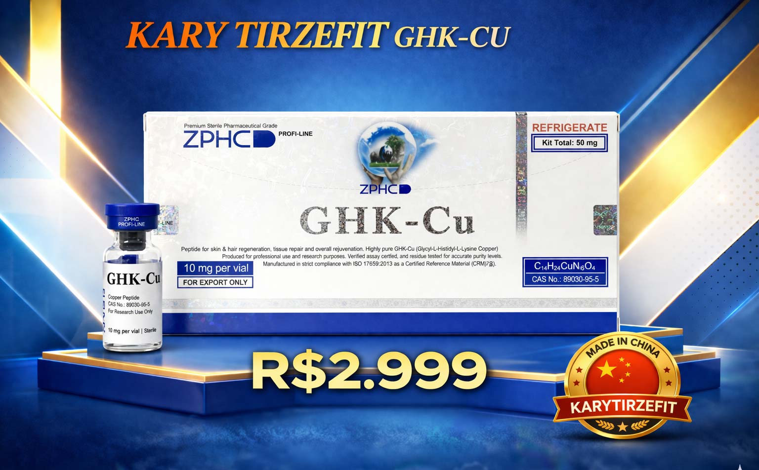 GHK-CU 50mg ZPHC Peptídeo Tratamento da Pele Elasticidade Colageno Rejuvenescimento