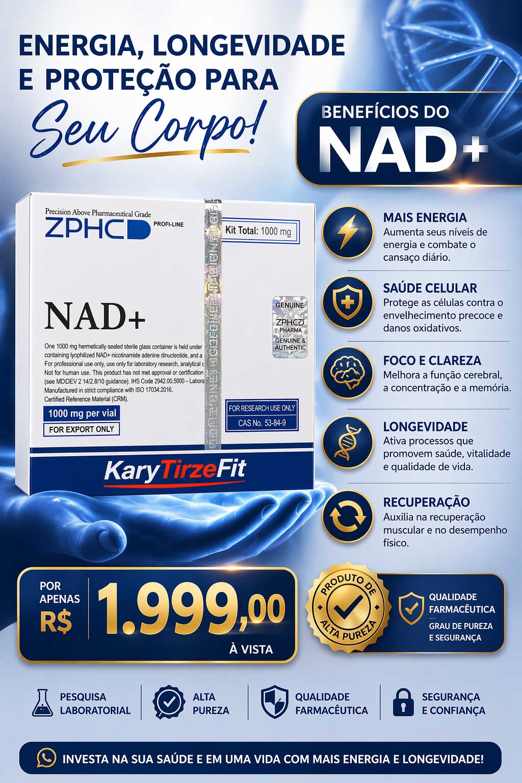 NAD+ 1000mg Solucao Injetavel Genesis (Importado) Energia e Metabolismo ZPHC
