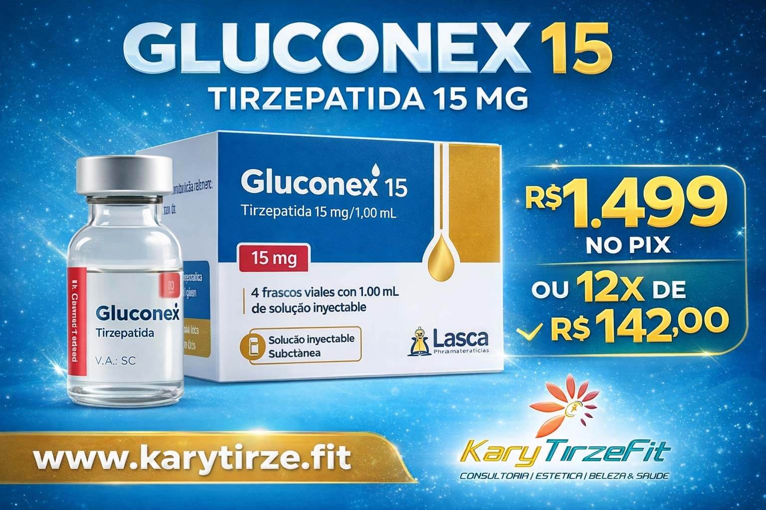 Gluconex Tirzepatida 15mg Solucao Injetavel (Importada) GLP2 Peptide Lasca