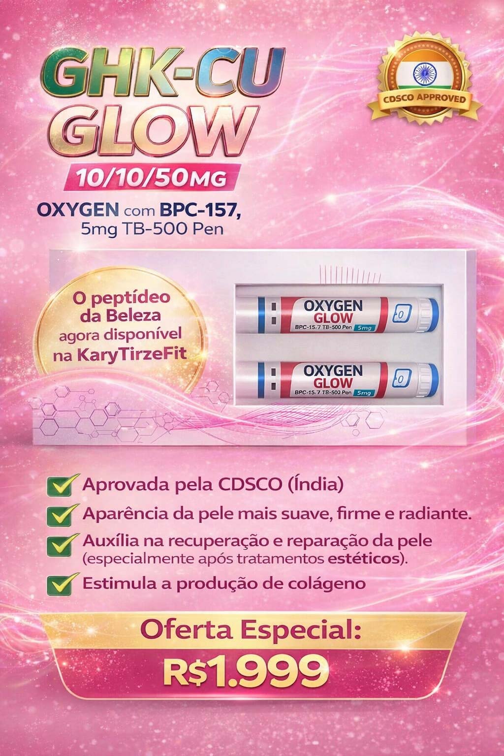 GHK-CU GLOW 10/10/50MG ALLUVI com BPC-157, 5mg TB-500 Pen OxyG