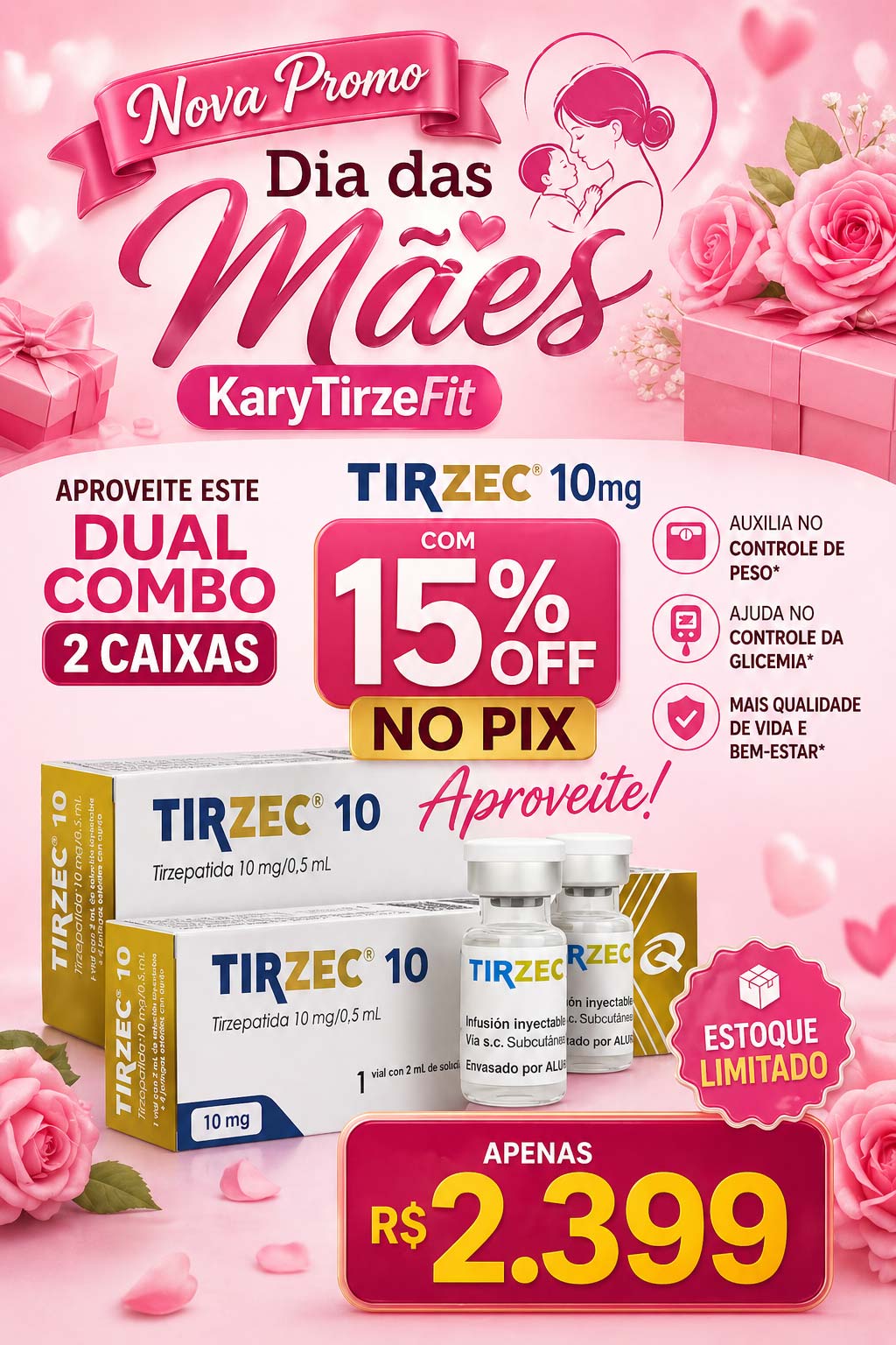 Dual Combo 2x Tirzec Tirzepatida Quinfa 10mg Solucao Injetavel (Importada) GLP2 Peptide