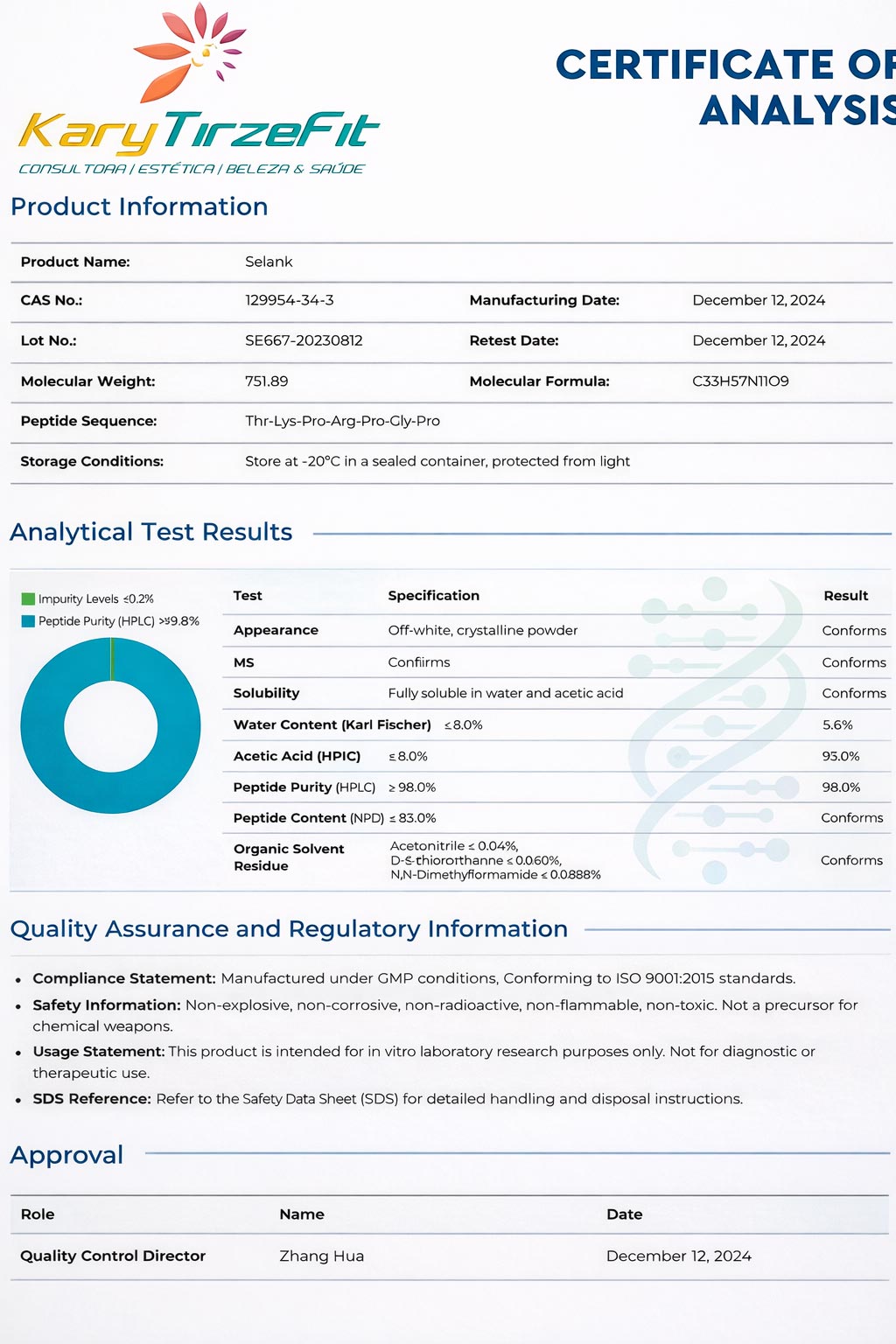 Peptideo Selank 5mg Memória e Cognição Foco Concentração e Depressão Leve GPharm