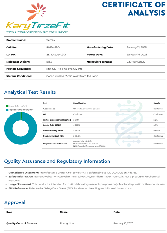 Peptideo SEMAX 10mg Memoria Foco Concentração e Neuroproteção Cooper